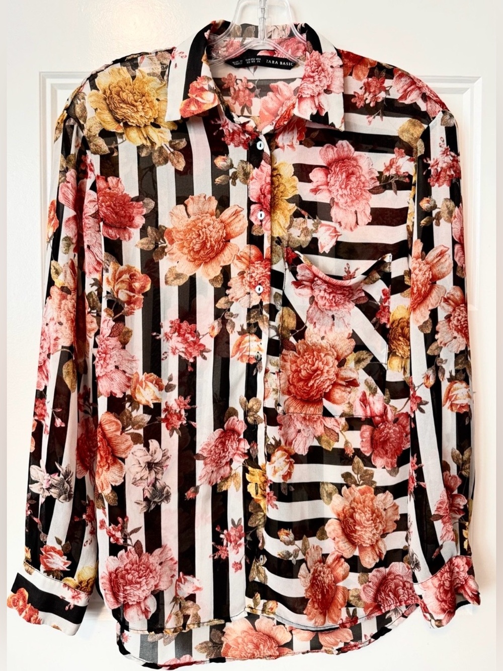 Zara Floral Striped Sheer Button Up Shirt Blouse Black Pink Boho XS Feminine